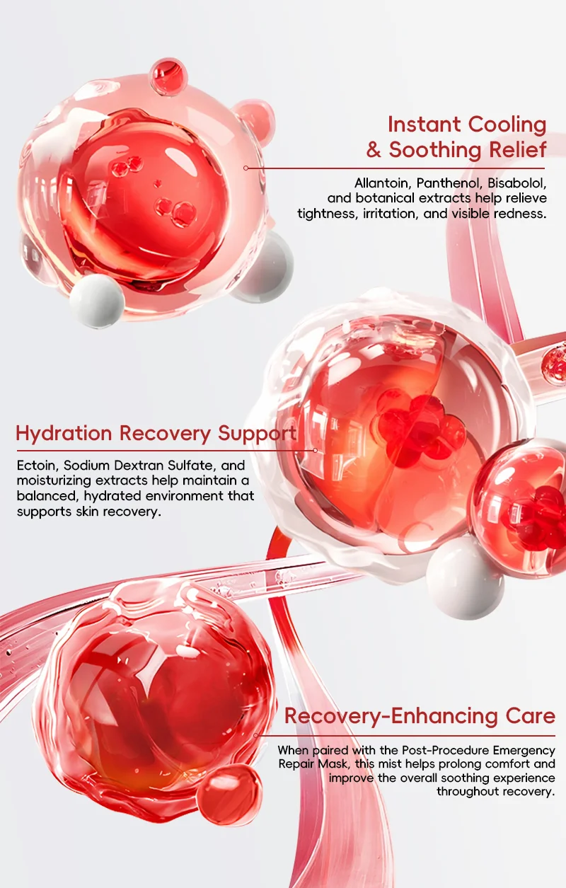 Illustration of skincare benefits showing instant cooling, hydration recovery, and recovery-enhancing care with text description.